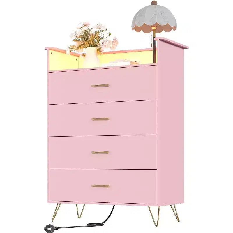 Commode avec station de charge Commode haute en bois à 4 tiroirs Grand meuble de rangement