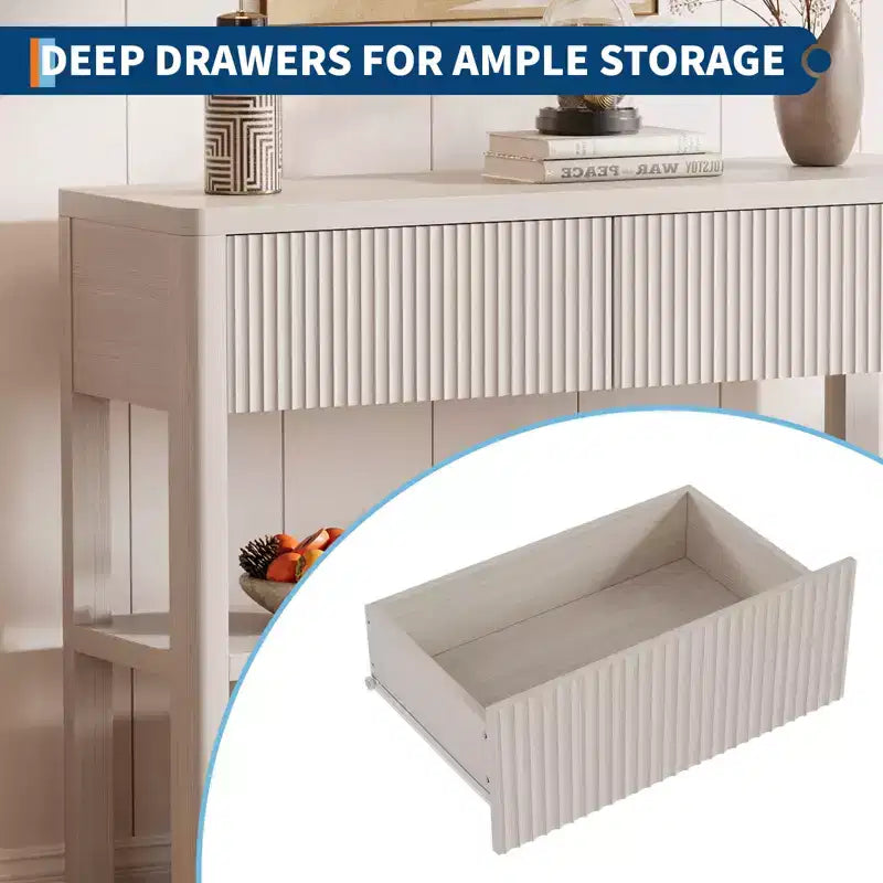Console haute de 34,6 po – Table d'entrée cannelée avec 2 tiroirs, 3 étagères, Table de canapé en bois