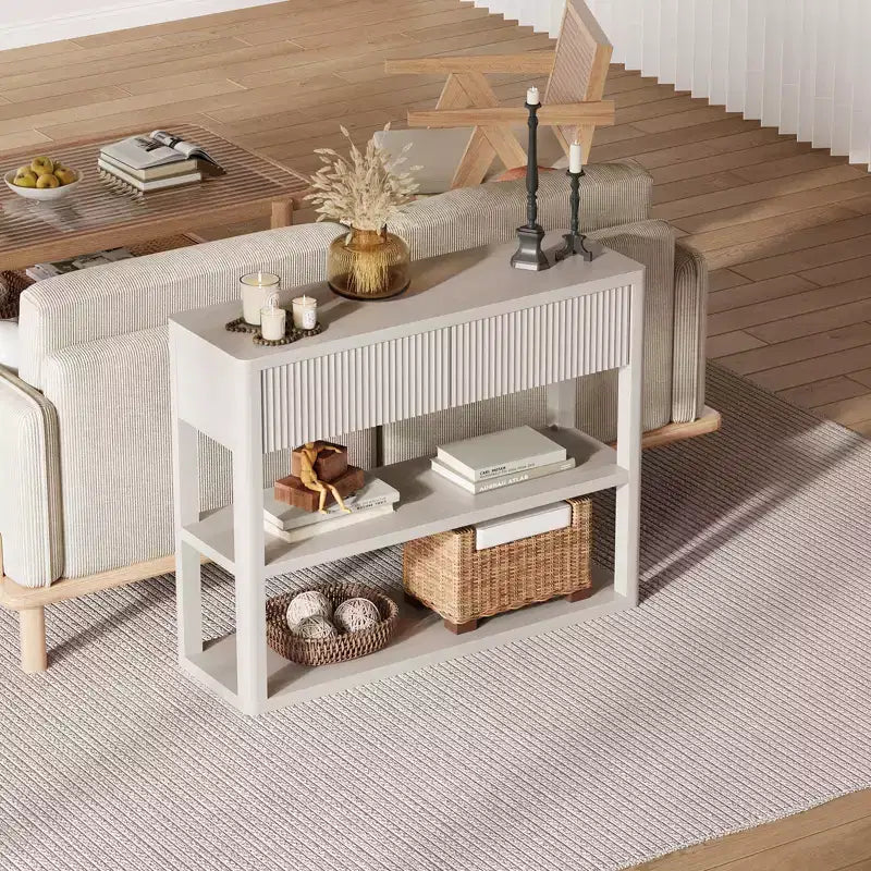 Console haute de 34,6 po – Table d'entrée cannelée avec 2 tiroirs, 3 étagères, Table de canapé en bois