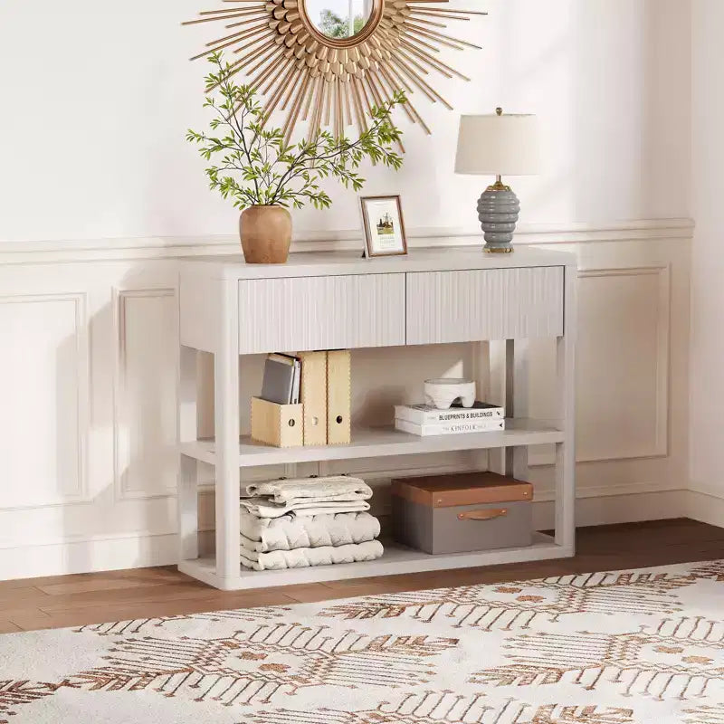 Console haute de 34,6 po – Table d'entrée cannelée avec 2 tiroirs, 3 étagères, Table de canapé en bois