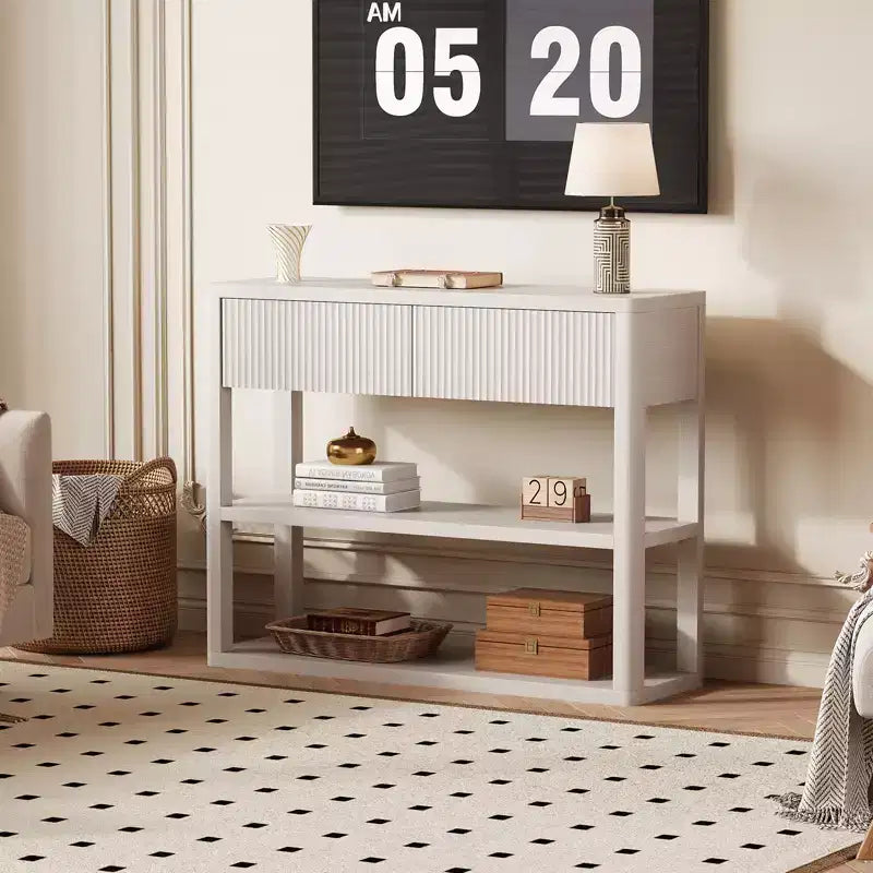 Console haute de 34,6 po – Table d'entrée cannelée avec 2 tiroirs, 3 étagères, Table de canapé en bois