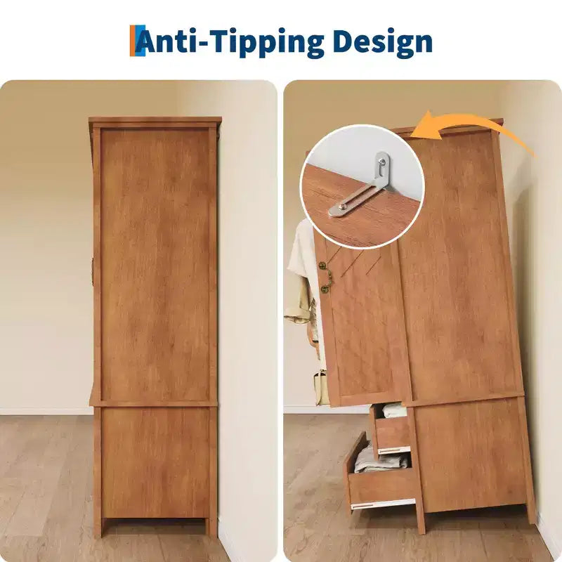 Grande Armoire-penderie en bois en V de 71 po à 2 portes et tiroirs