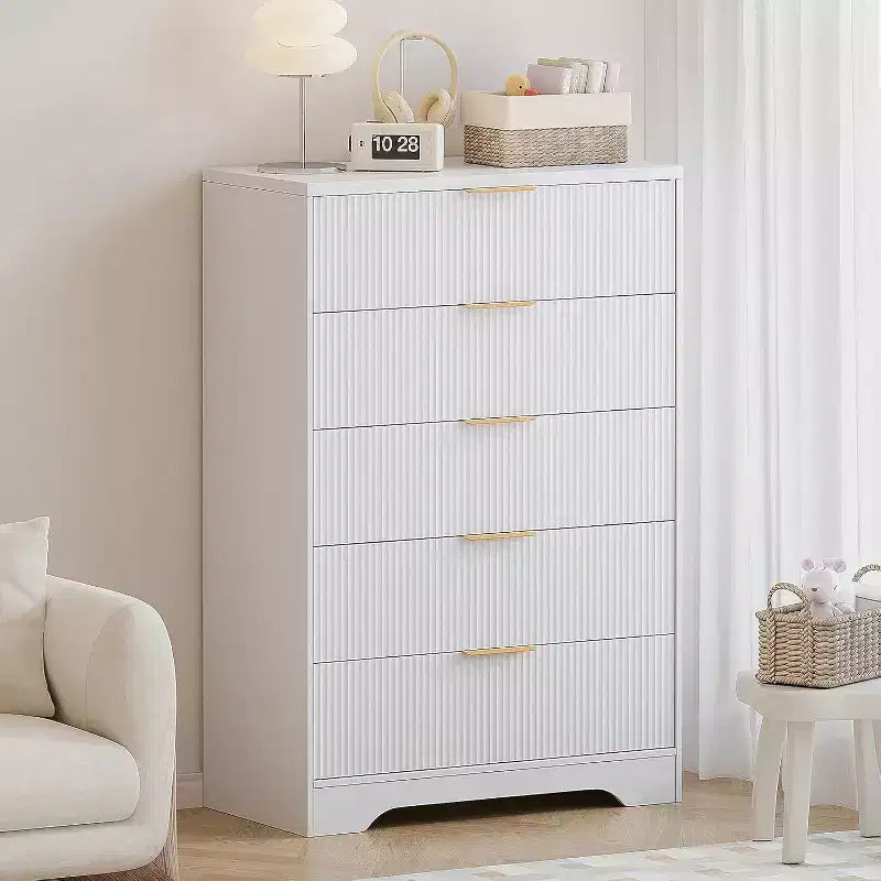 Commode haute 5 tiroirs, en bois moderne avec glissières souples
