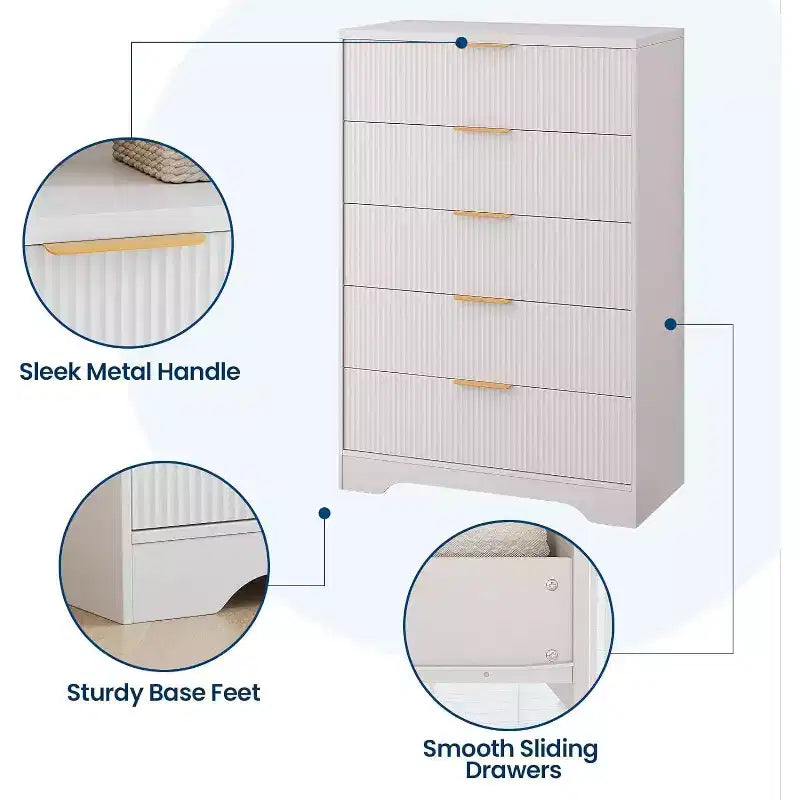 Commode haute 5 tiroirs, en bois moderne avec glissières souples