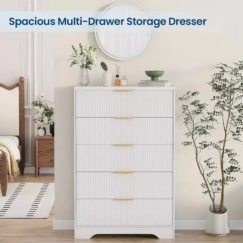 Commode haute 5 tiroirs, en bois moderne avec glissières souples