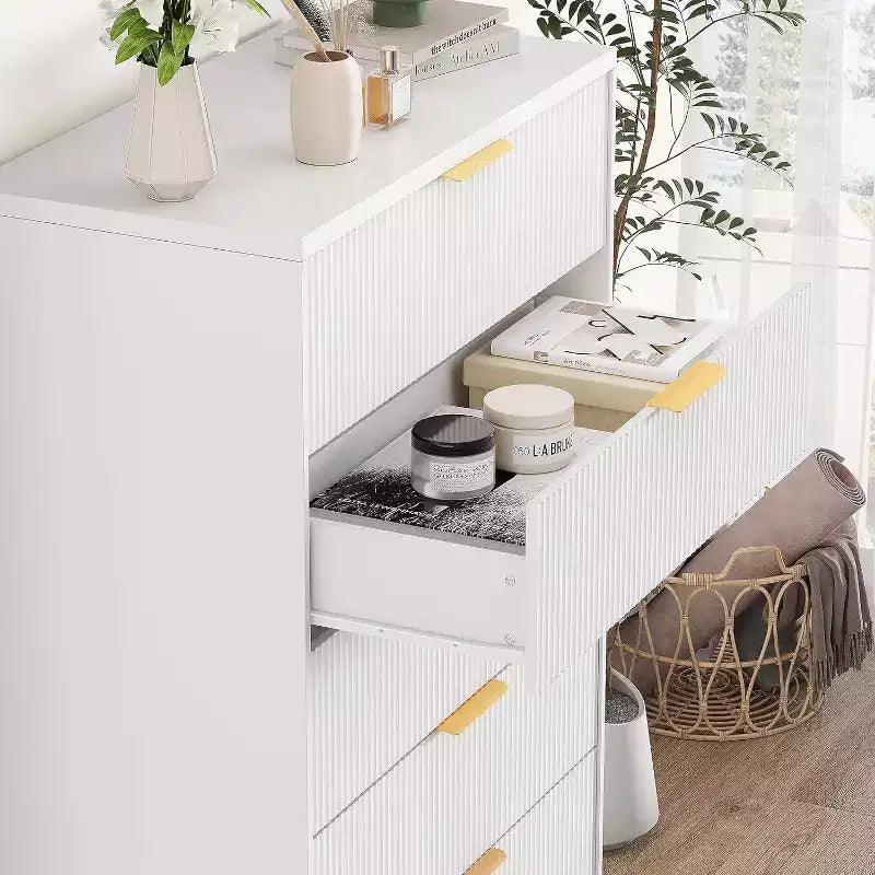 Commode haute 5 tiroirs, en bois moderne avec glissières souples