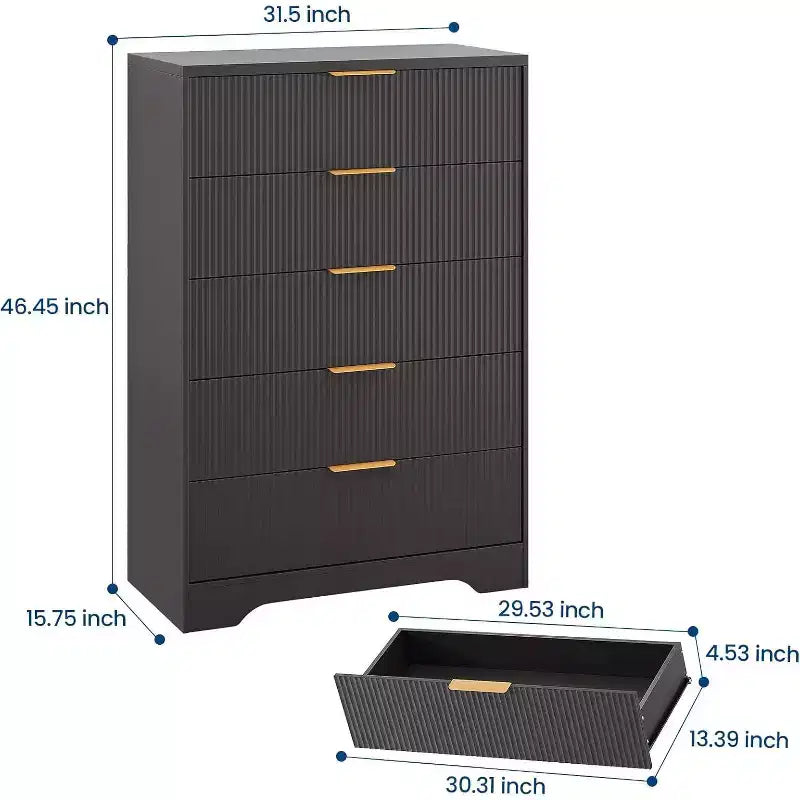 Commode haute 5 tiroirs, en bois moderne avec glissières souples