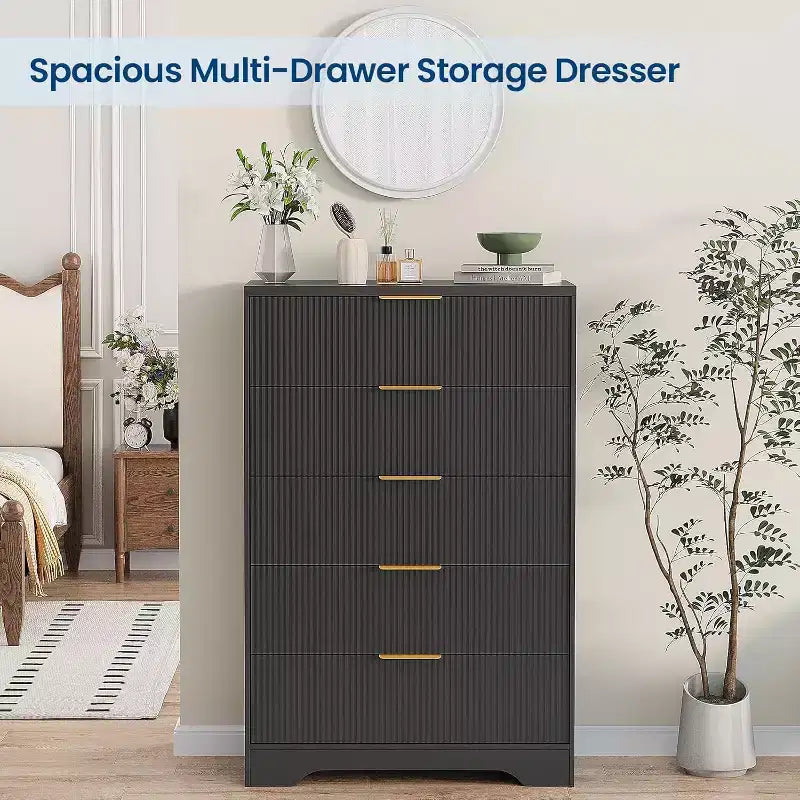 Commode haute 5 tiroirs, en bois moderne avec glissières souples