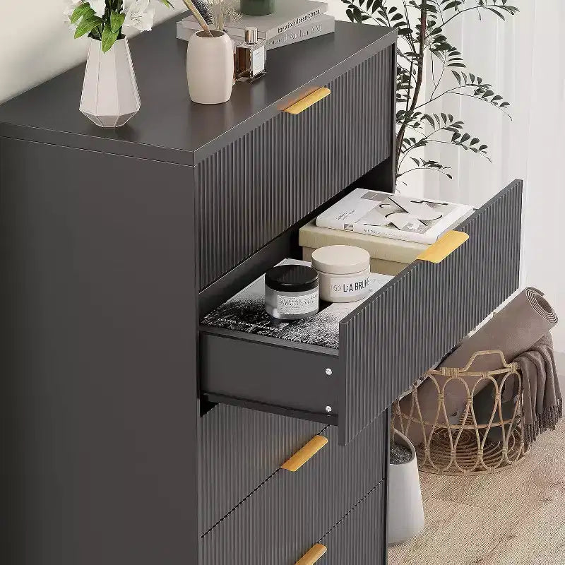 Commode haute 5 tiroirs, en bois moderne avec glissières souples