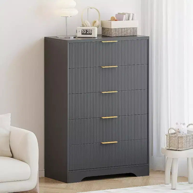 Commode haute 5 tiroirs, en bois moderne avec glissières souples