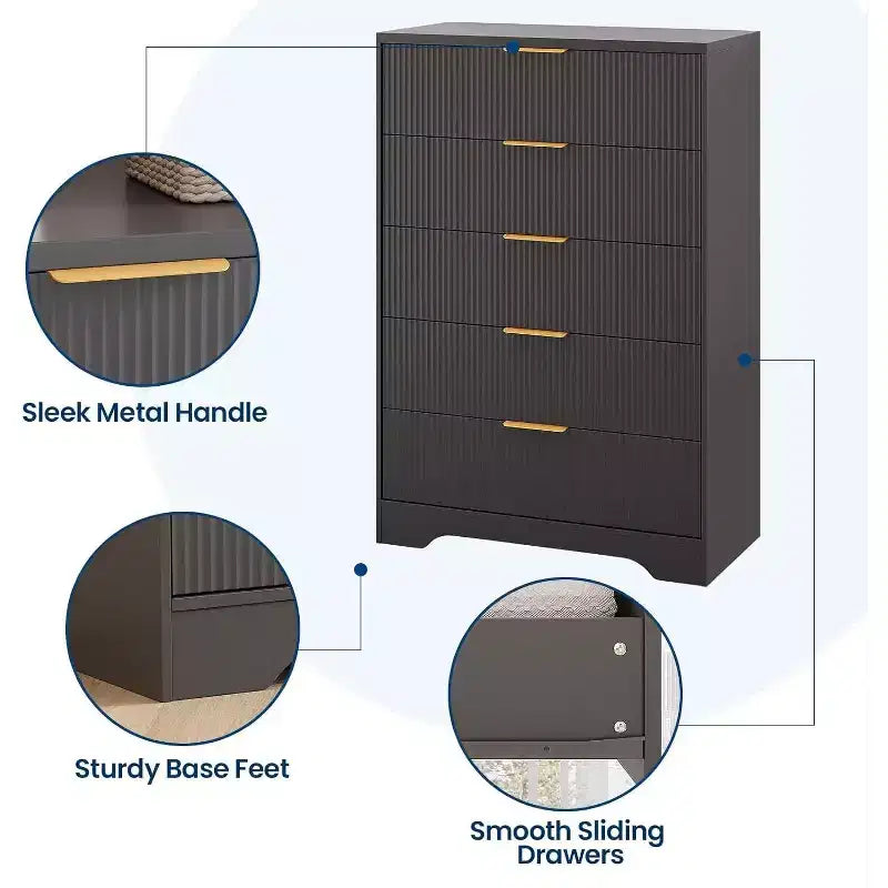 Commode haute 5 tiroirs, en bois moderne avec glissières souples