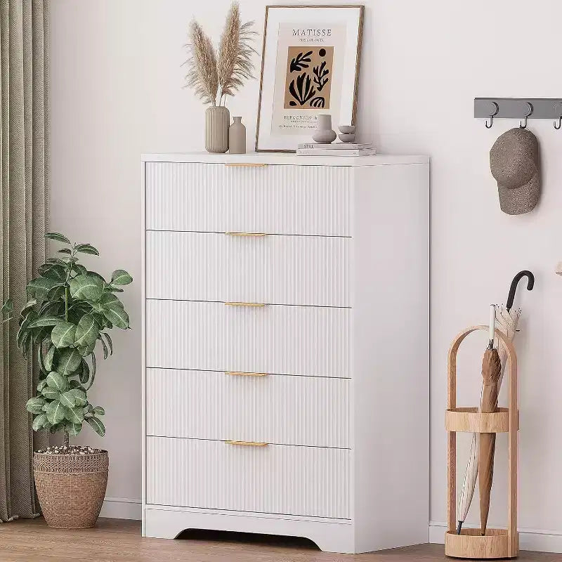 Commode haute 5 tiroirs, en bois moderne avec glissières souples