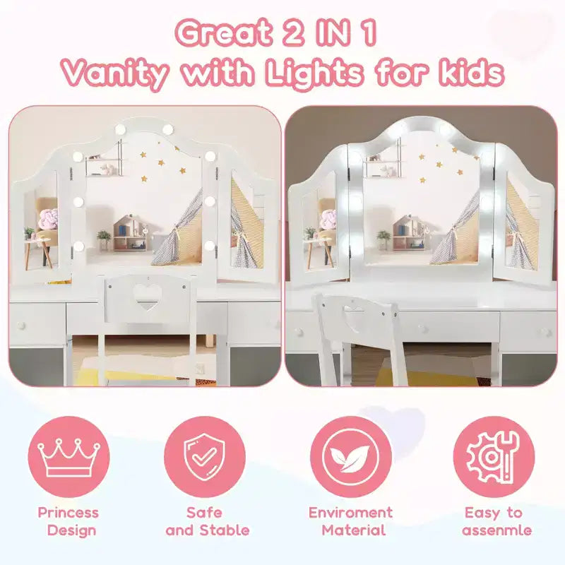 Coiffeuse pour enfants avec lumières, Coiffeuse de princesse avec rangement