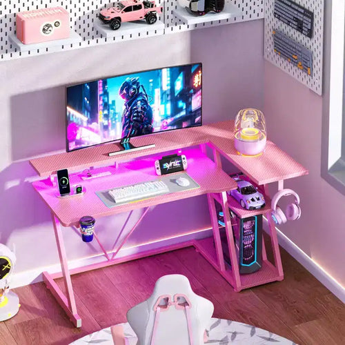 40 inch L Shaped Gaming Desk for Small Space Pink Computer Table with Monitor Stand and 3 Tier Storage Shelves Carbon Fiber