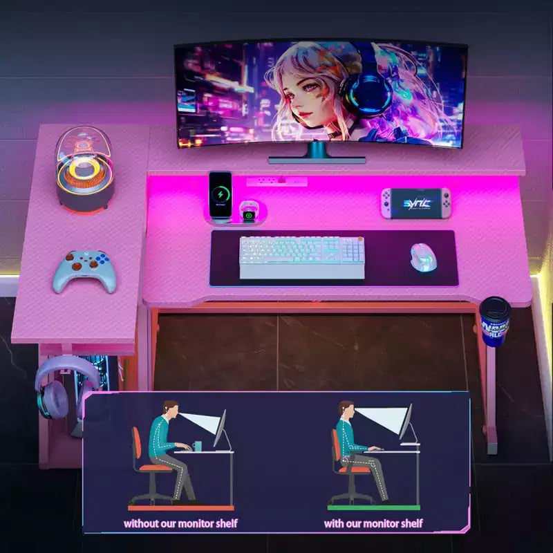 Bureau de jeu en L de 101,6 cm pour petit espace, table d'ordinateur rose