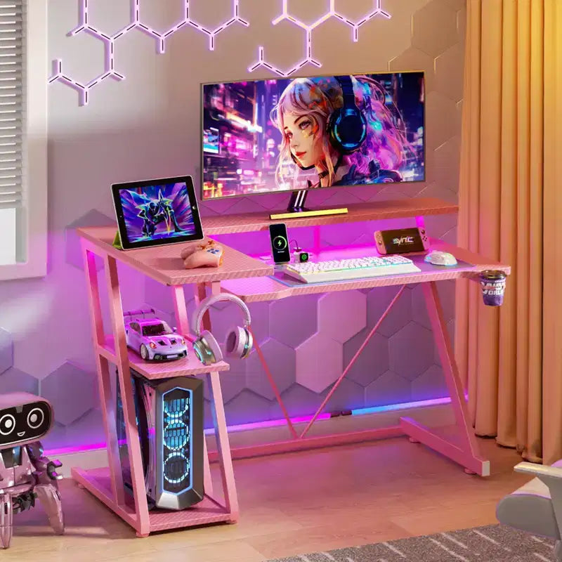 Bureau de jeu en L de 101,6 cm pour petit espace, table d'ordinateur rose