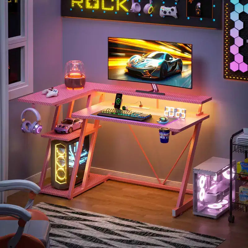 Bureau de jeu en L de 101,6 cm pour petit espace, table d'ordinateur rose