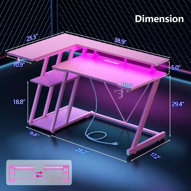 Bureau de jeu en L de 101,6 cm pour petit espace, table d'ordinateur rose