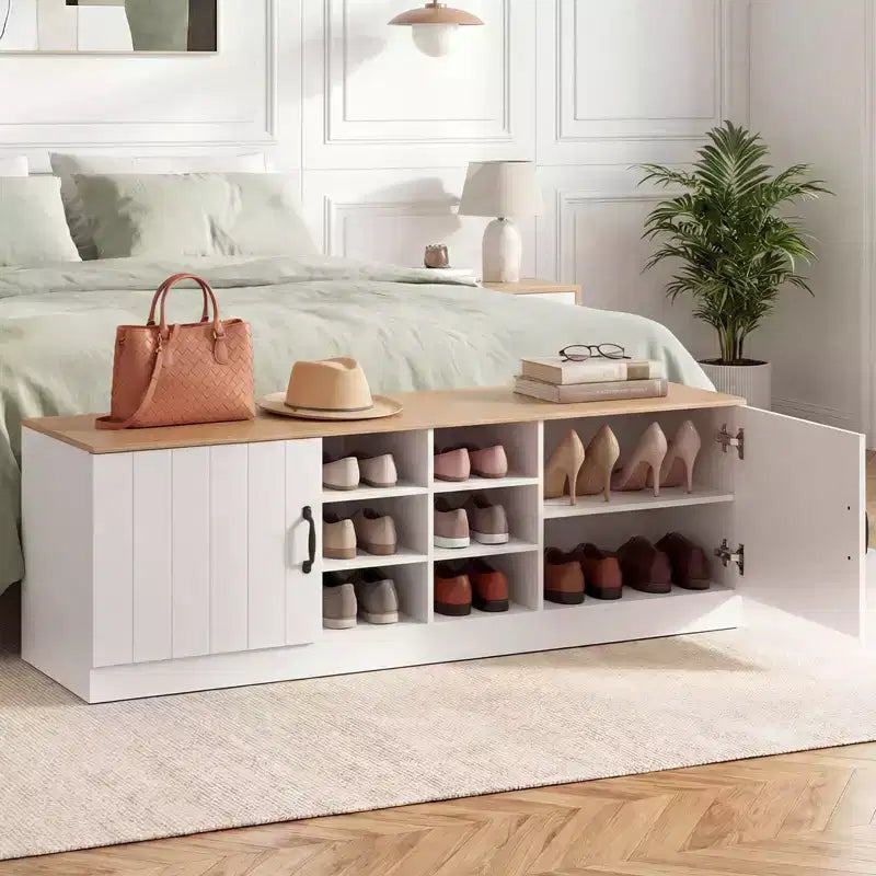 Banc à chaussures 2 portes avec étagères réglables cachées