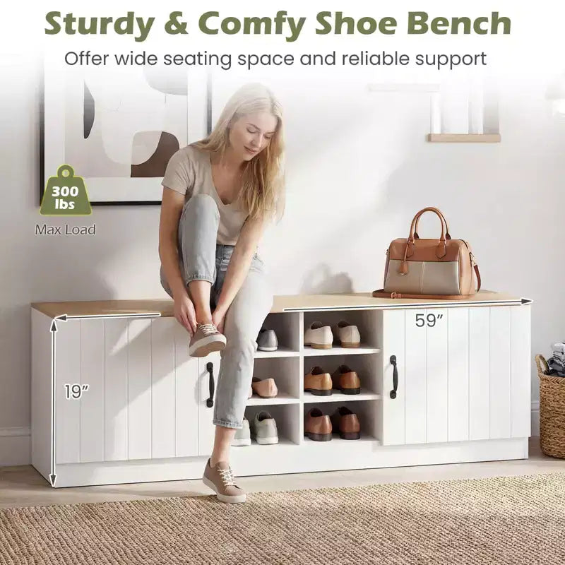 Banc à chaussures 2 portes avec étagères réglables cachées