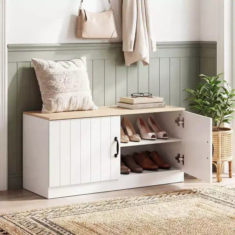 Banc à chaussures 2 portes avec étagères réglables cachées