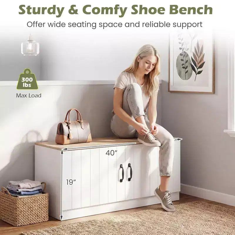 Banc à chaussures 2 portes avec étagères réglables cachées