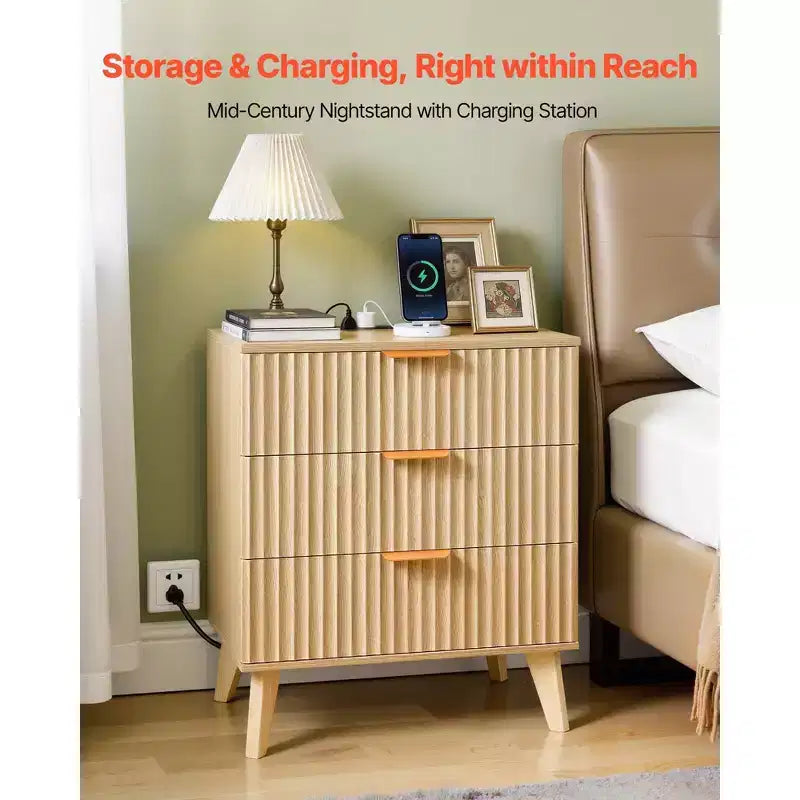 Tables de chevet cannelées avec station de charge, lot de 2, commode de chambre avec 3 tiroirs
