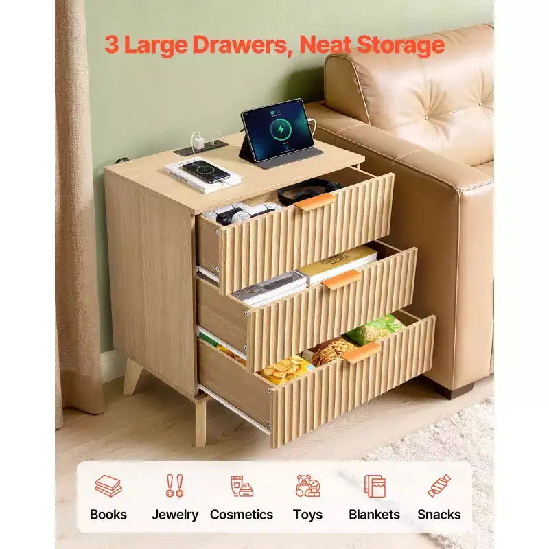 Tables de chevet cannelées avec station de charge, lot de 2, commode de chambre avec 3 tiroirs