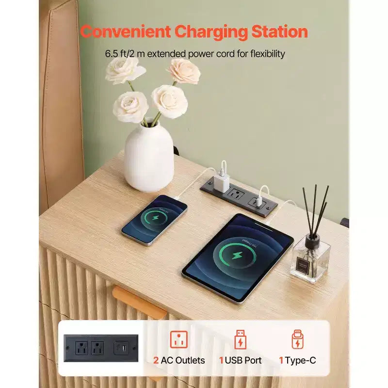 Tables de chevet cannelées avec station de charge, lot de 2, commode de chambre avec 3 tiroirs