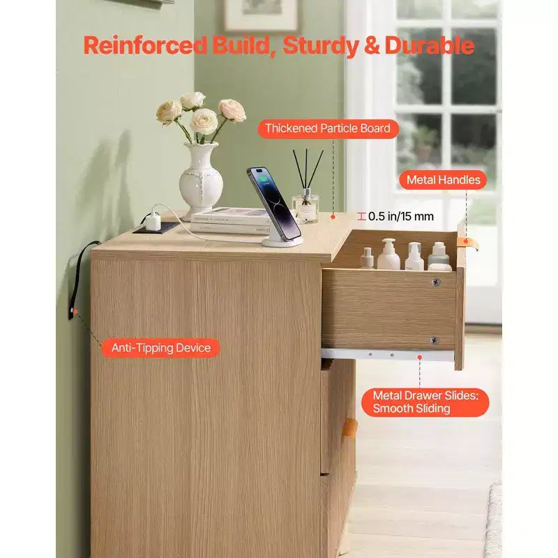 Tables de chevet cannelées avec station de charge, lot de 2, commode de chambre avec 3 tiroirs