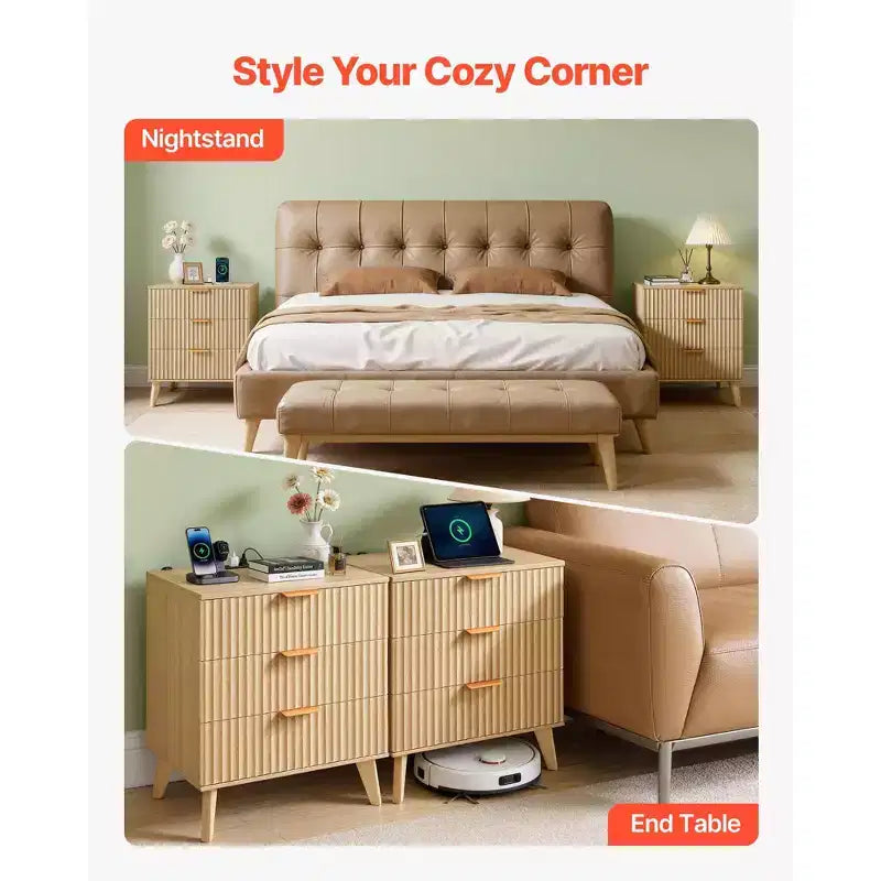 Tables de chevet cannelées avec station de charge, lot de 2, commode de chambre avec 3 tiroirs