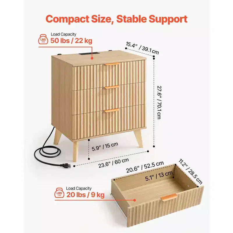 Tables de chevet cannelées avec station de charge, lot de 2, commode de chambre avec 3 tiroirs