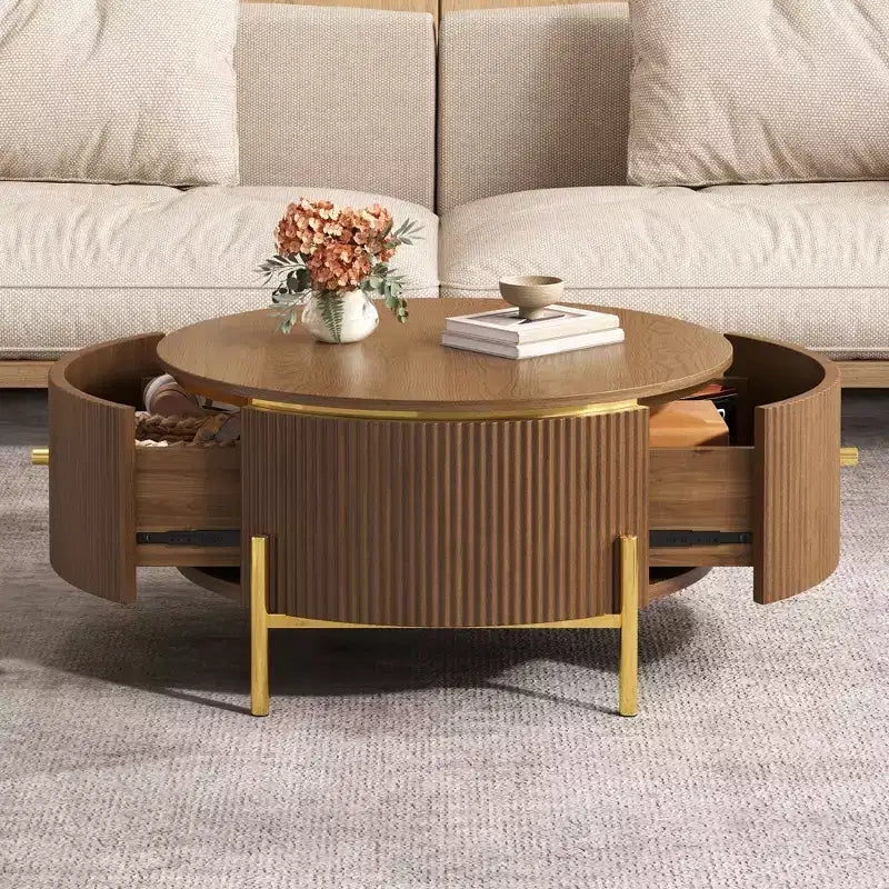 Table basse ronde moderne avec 2 grands tiroirs de rangement