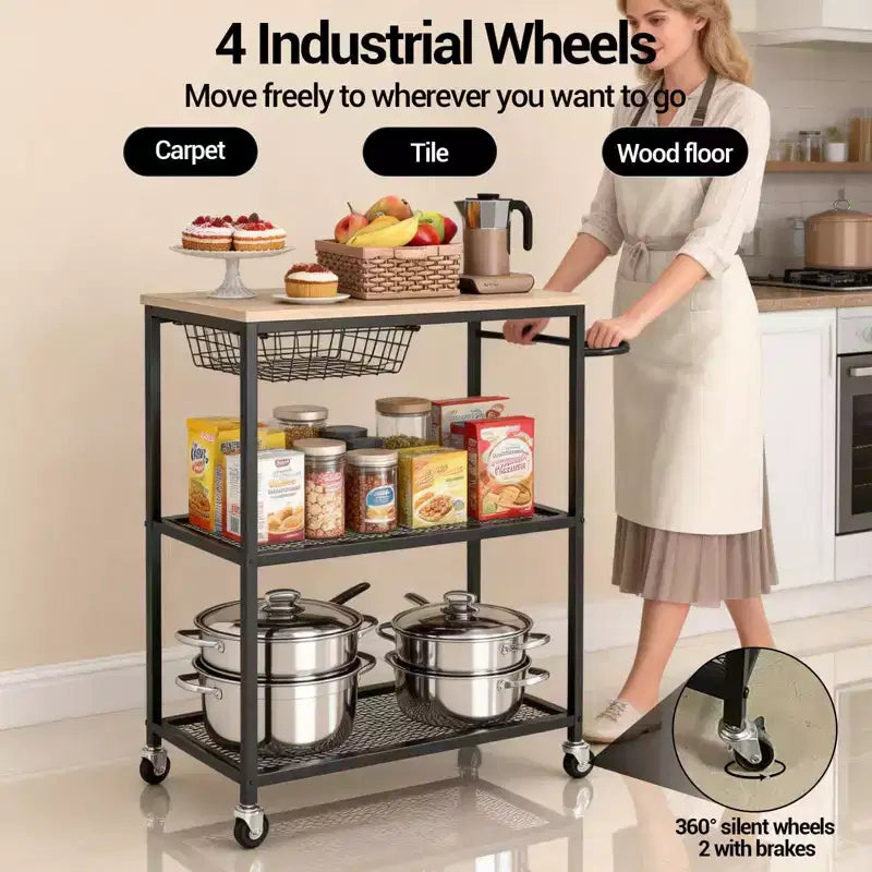 Chariot de cuisine roulant vintage à 3 niveaux avec poignée poussoir, 2 verrouillables