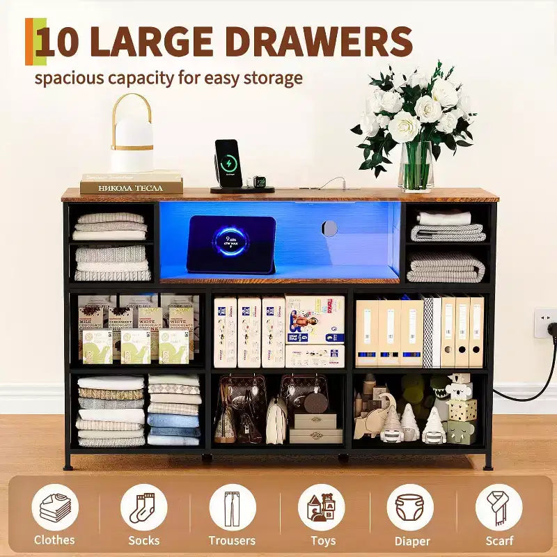 Commode en tissu à 10 tiroirs, étagères ouvertes, armoire de rangement moderne