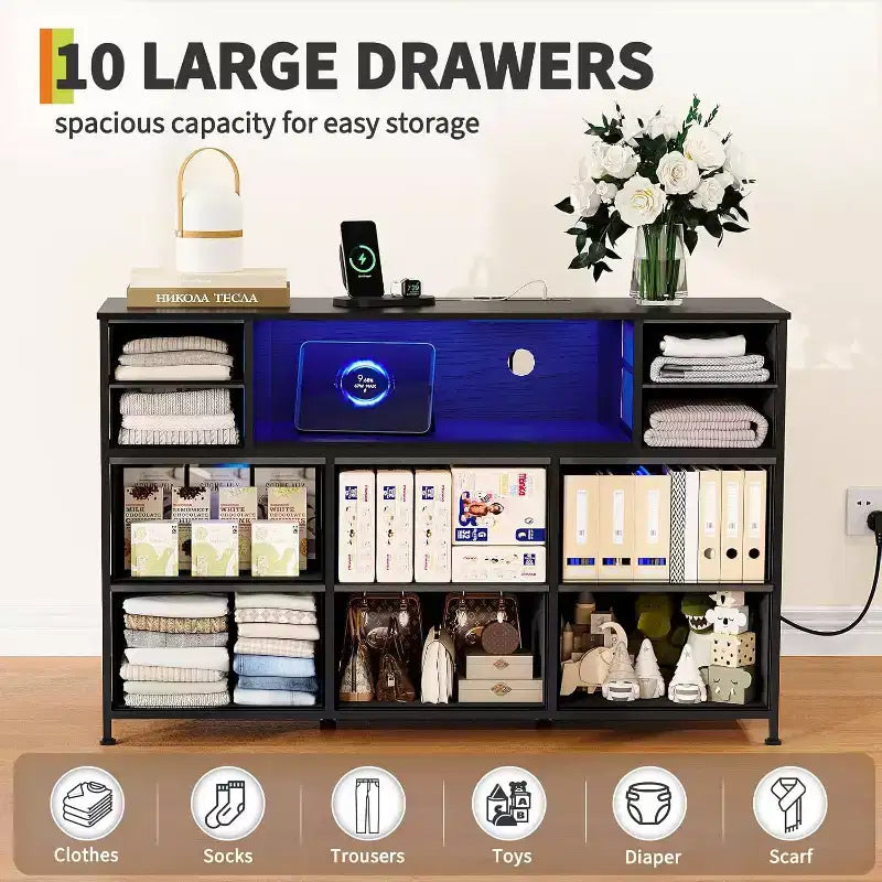 Commode en tissu à 10 tiroirs, étagères ouvertes, armoire de rangement moderne