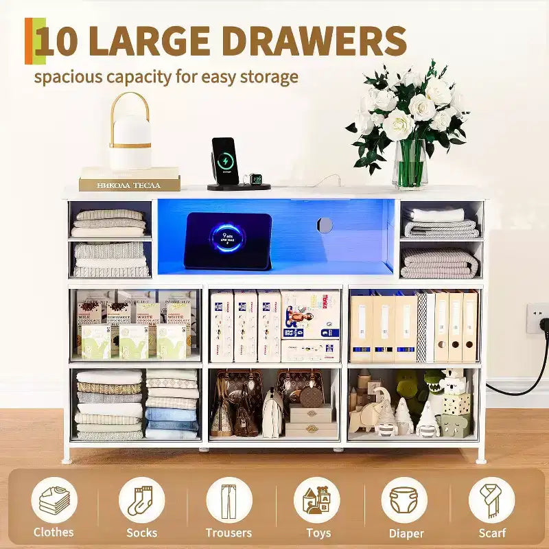 Commode en tissu à 10 tiroirs, étagères ouvertes, armoire de rangement moderne