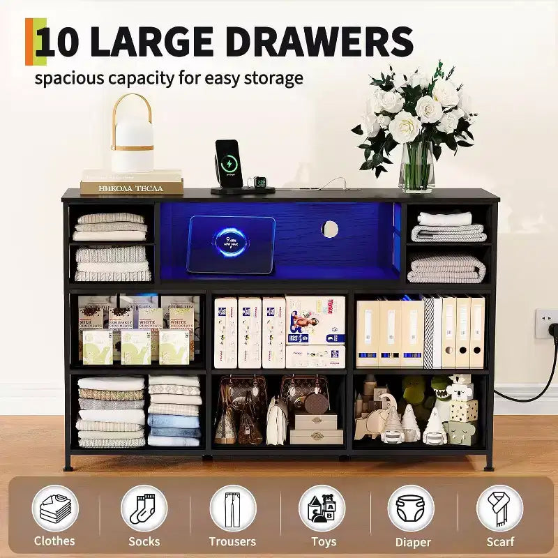 Commode en tissu à 10 tiroirs, étagères ouvertes, armoire de rangement moderne