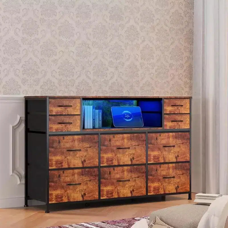 Commode en tissu à 10 tiroirs, étagères ouvertes, armoire de rangement moderne