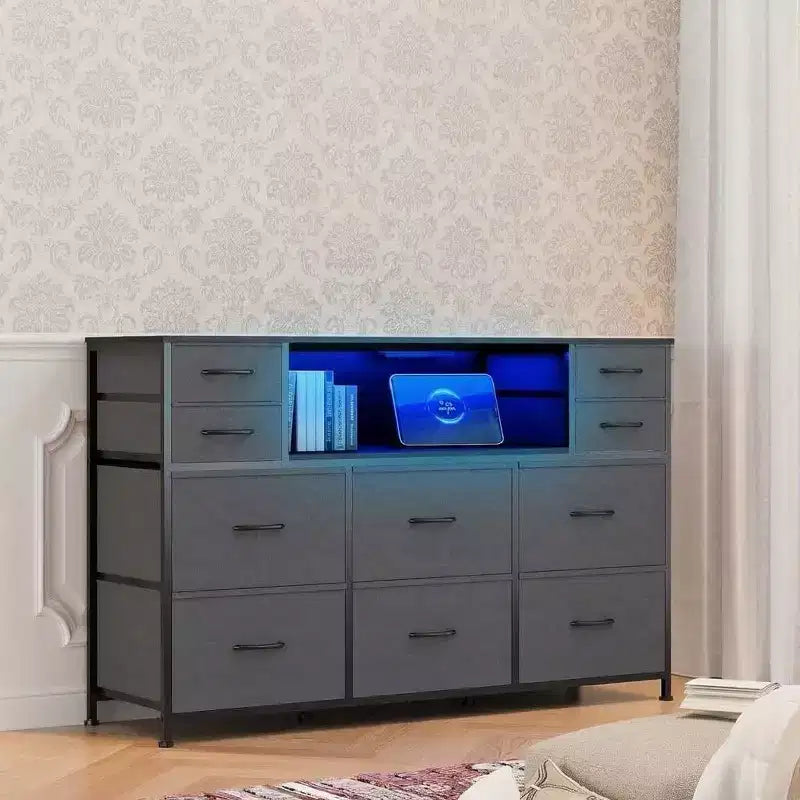 Commode en tissu à 10 tiroirs, étagères ouvertes, armoire de rangement moderne