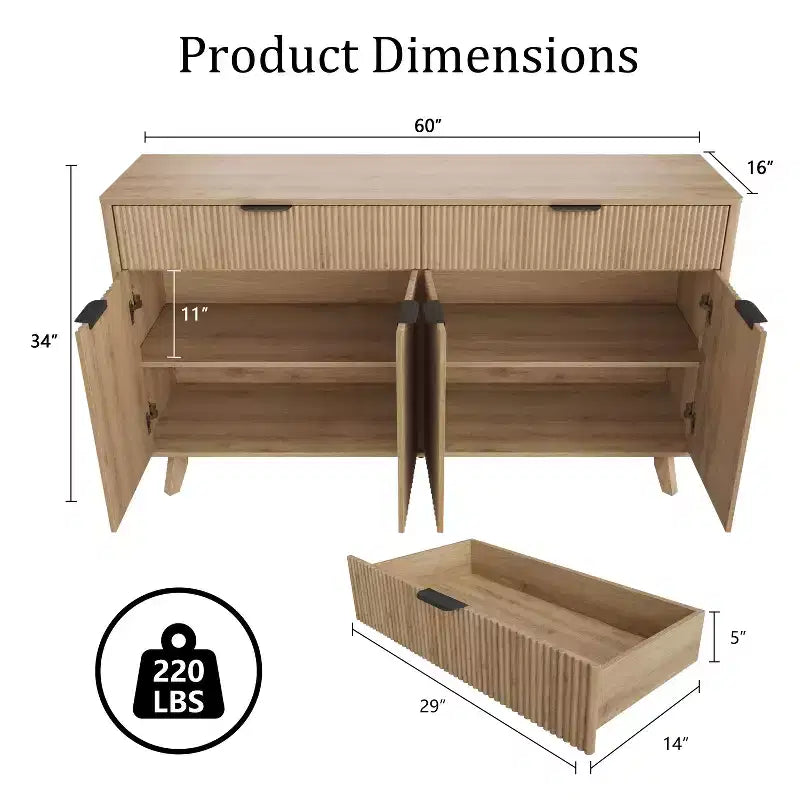 Buffet vaisselier, 2 tiroirs, 4 portes, étagères réglables