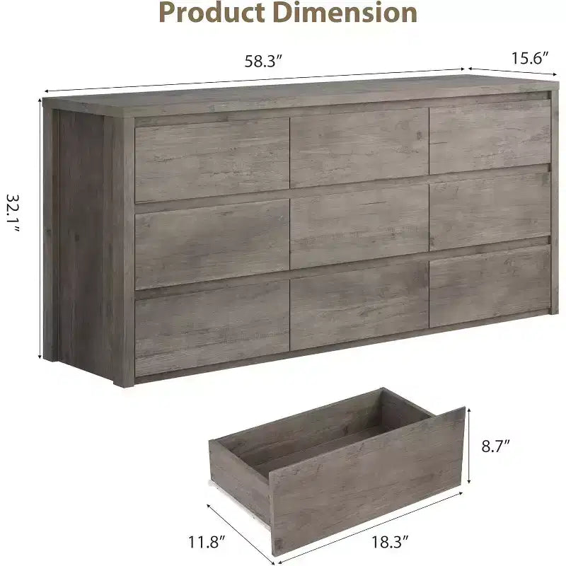Commode en bois à 9 tiroirs pour chambre, commode large et moderne