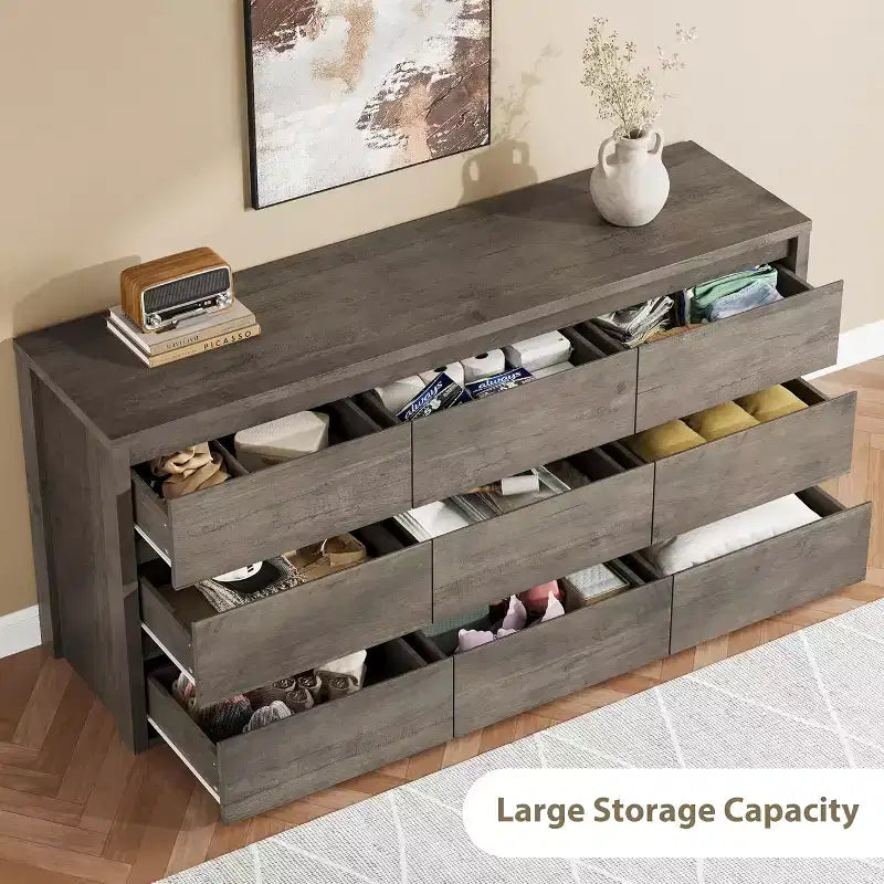 Commode en bois à 9 tiroirs pour chambre, commode large et moderne