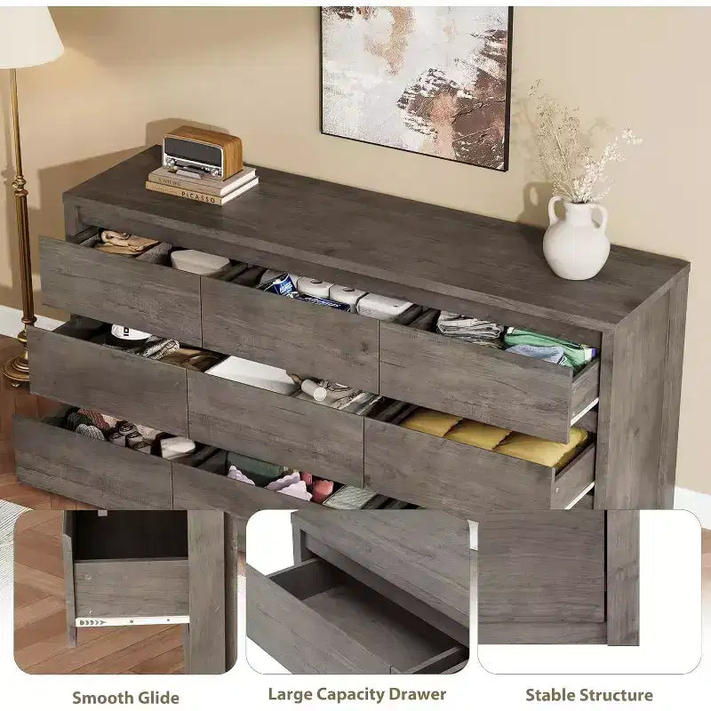Commode en bois à 9 tiroirs pour chambre, commode large et moderne