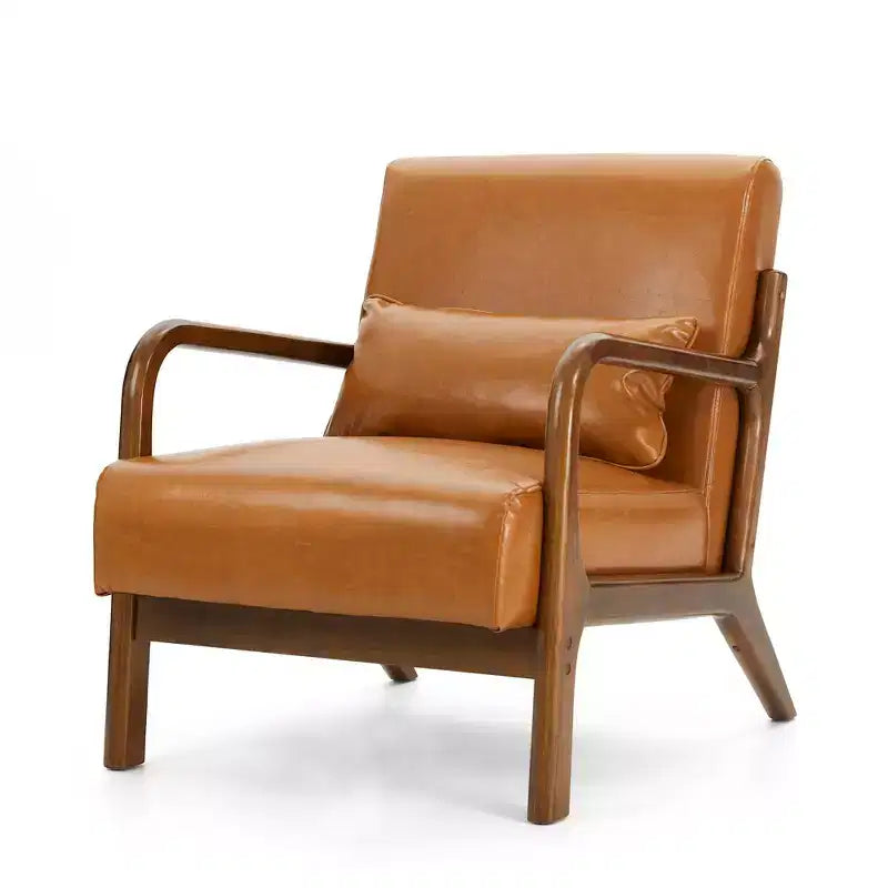 Fauteuil d'appoint en similicuir avec accoudoirs, cadre en bois d'hévéa couleur noyer
