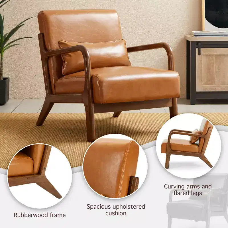 Fauteuil d'appoint en similicuir avec accoudoirs, cadre en bois d'hévéa couleur noyer