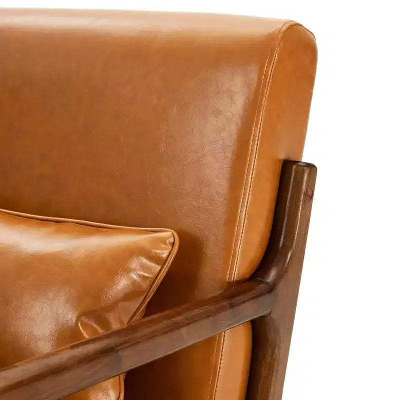 Fauteuil d'appoint en similicuir avec accoudoirs, cadre en bois d'hévéa couleur noyer