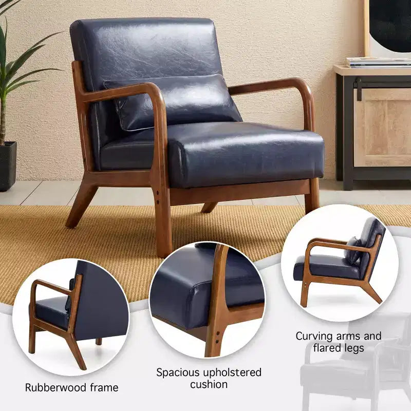 Fauteuil d'appoint en similicuir avec accoudoirs, cadre en bois d'hévéa couleur noyer