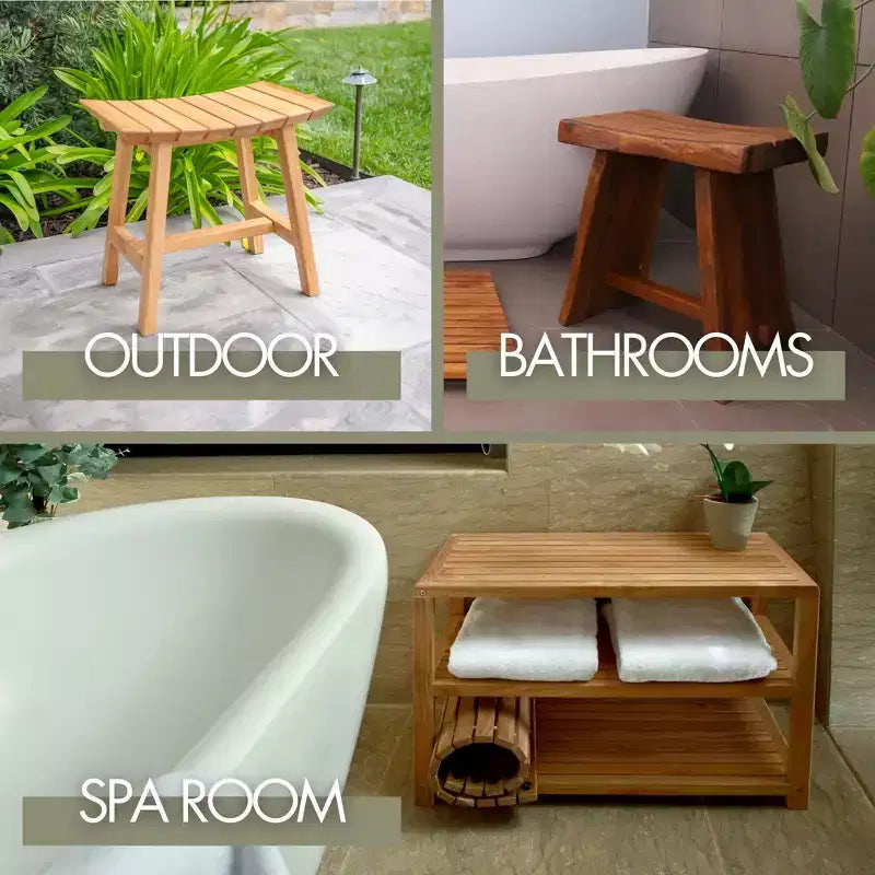 Tabouret torsadé en teck foncé pour douche et bain