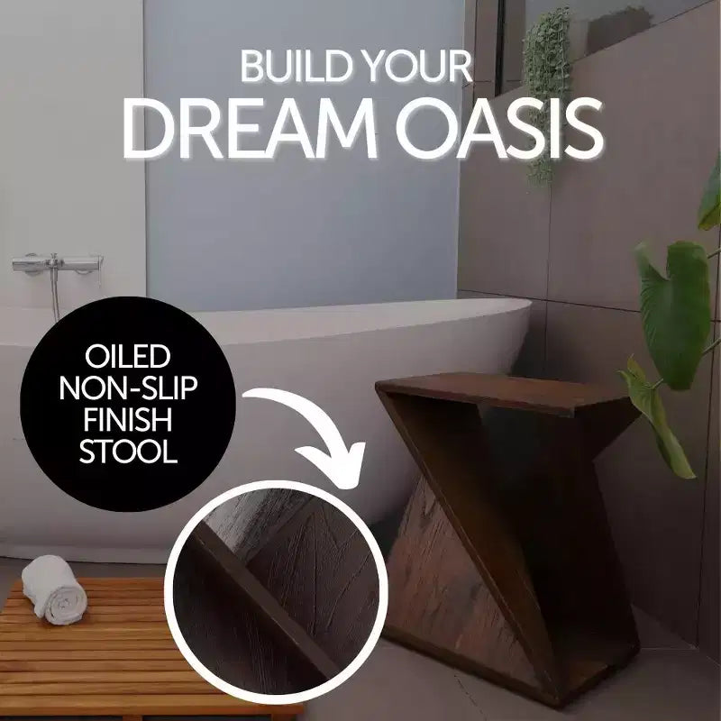 Tabouret torsadé en teck foncé pour douche et bain